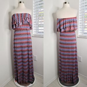 T-BAGS LOS ANGELES Printed Strapless Ruffle Maxi Dress M.